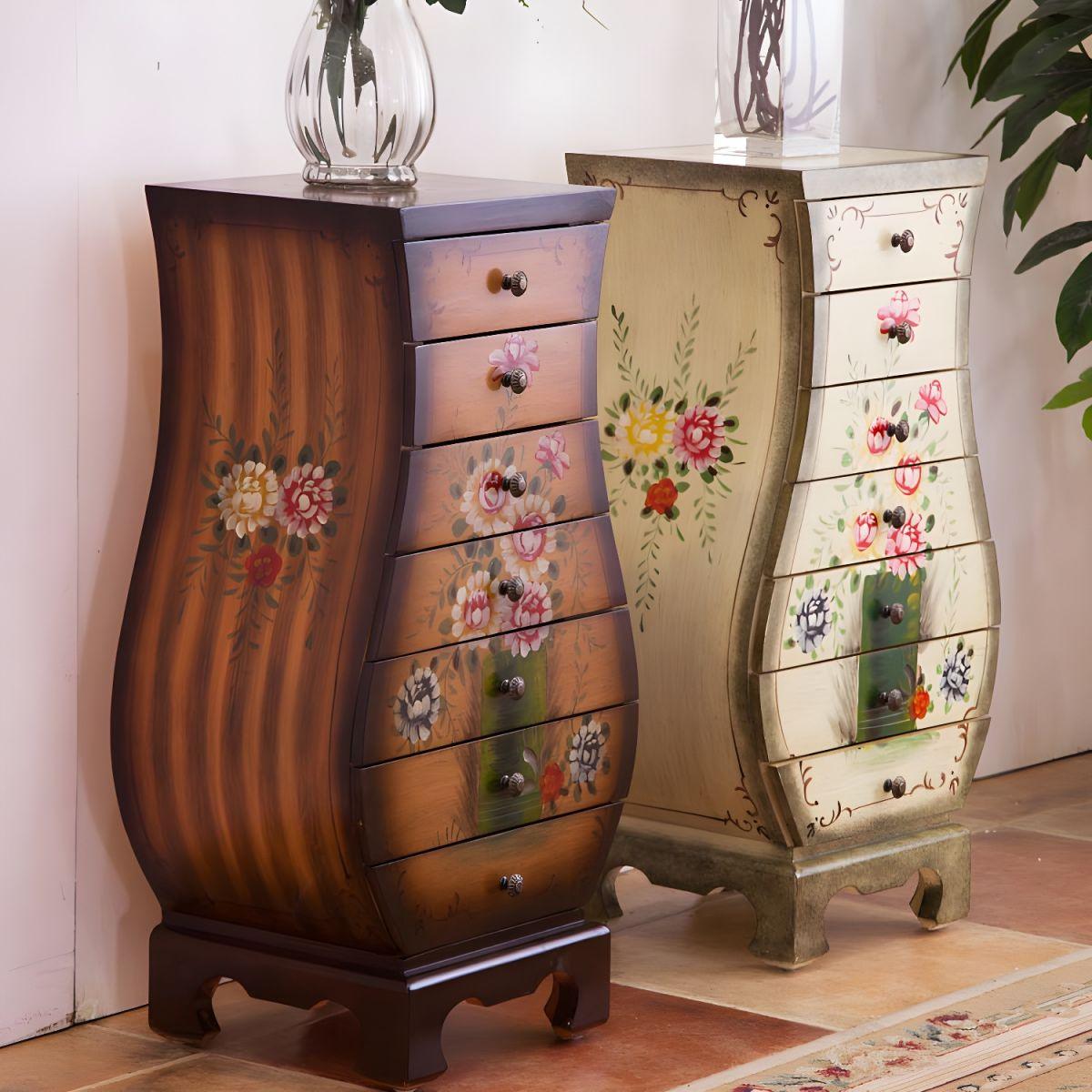 Rustic Hand-Painted Rectangle Storage Cabinet with 7 Drawers,Vase-Shaped Floral Surface Accent Chest