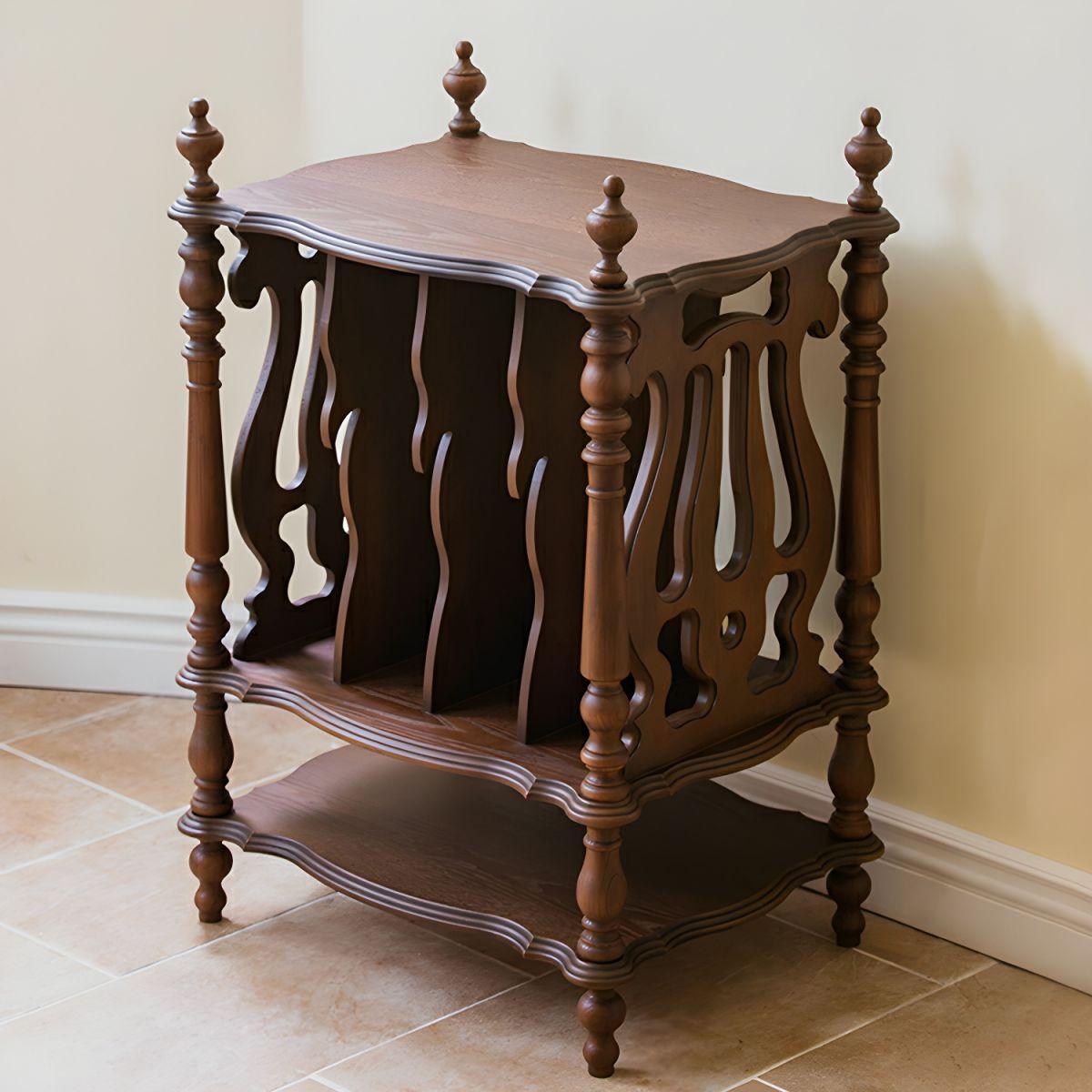 Scandinavian Solid Wood Side Table with Four Roman Column Leg & Base, Bookshelf Side Cabinet