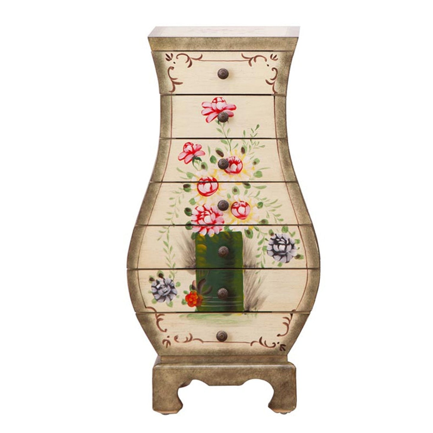 Rustic Hand-Painted Rectangle Storage Cabinet with 7 Drawers,Vase-Shaped Floral Surface Accent Chest