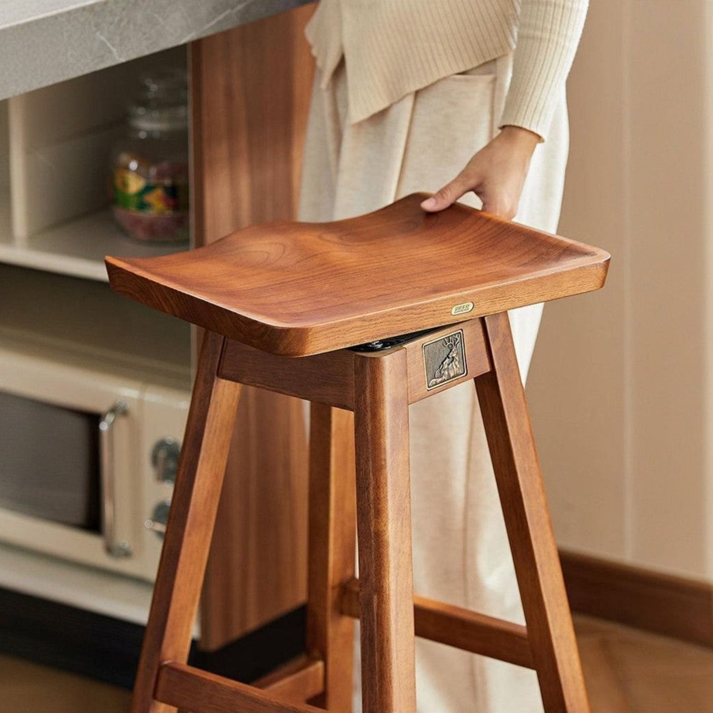 Contoured Seat Ash Solid wood Swivel Bar Stool with Angled Legs