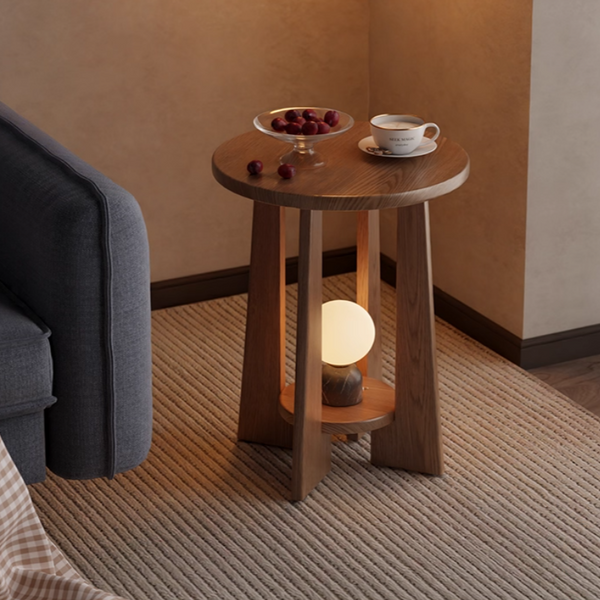Solid Wood Round Side Table, Double-Tiered Sofa Side Table, Multifunctional Nightstand, Mobile Storage Table