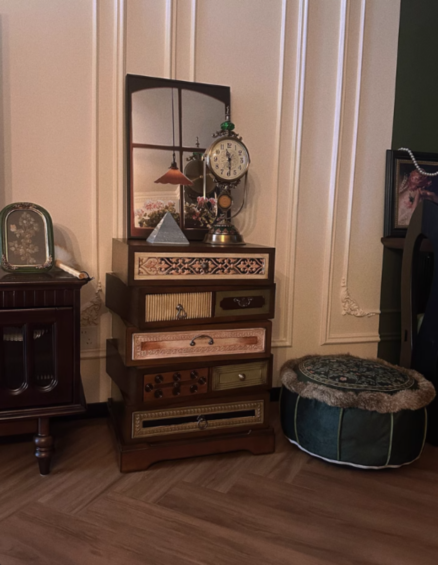 Vintage Carved Rotating Side Cabinet