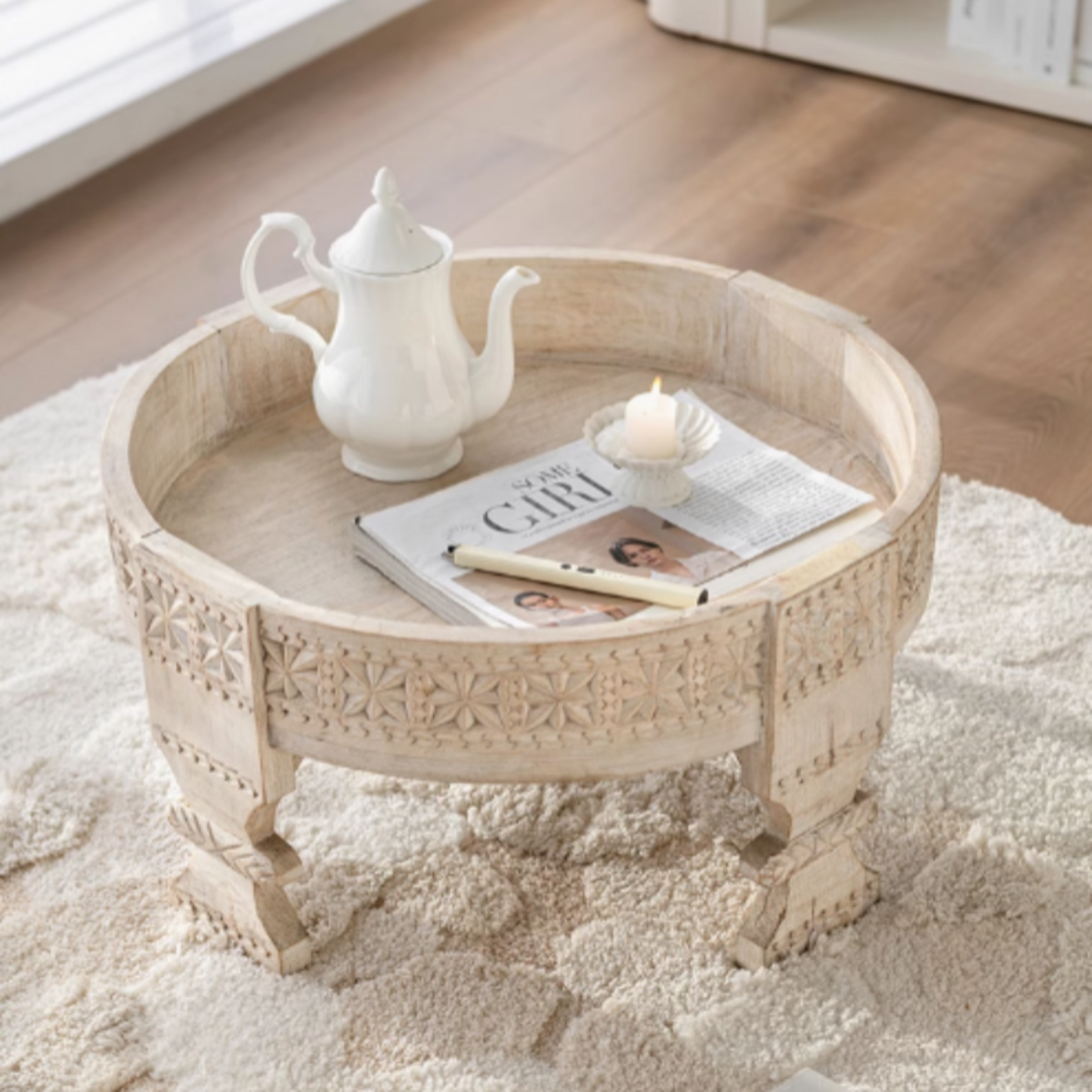 Vintage Handcrafted Round Moroccan Carved Wood Coffee Table