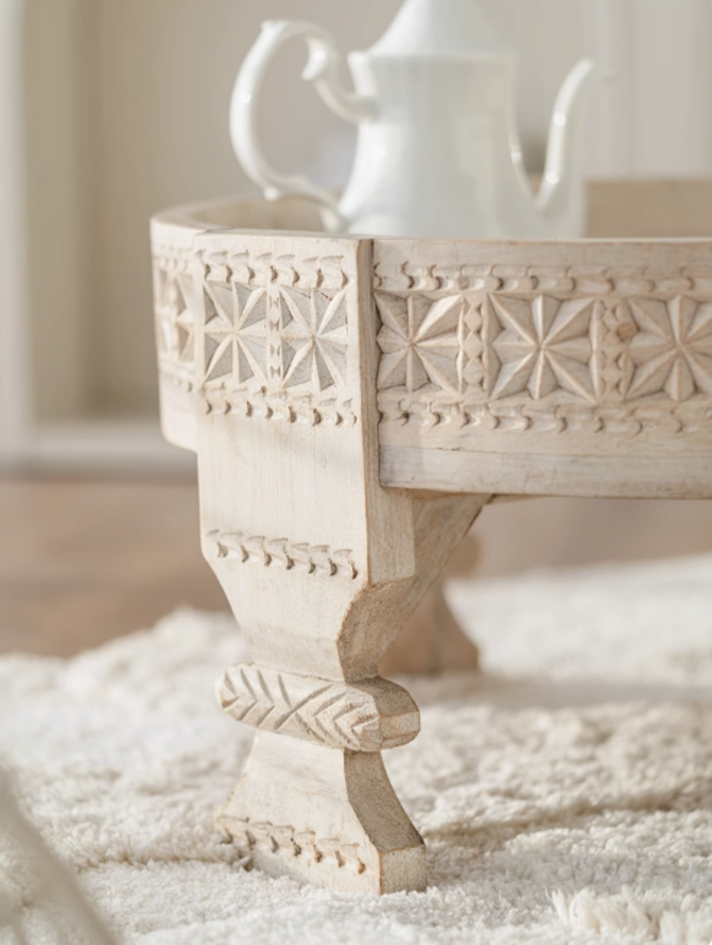 Vintage Handcrafted Round Moroccan Carved Wood Coffee Table