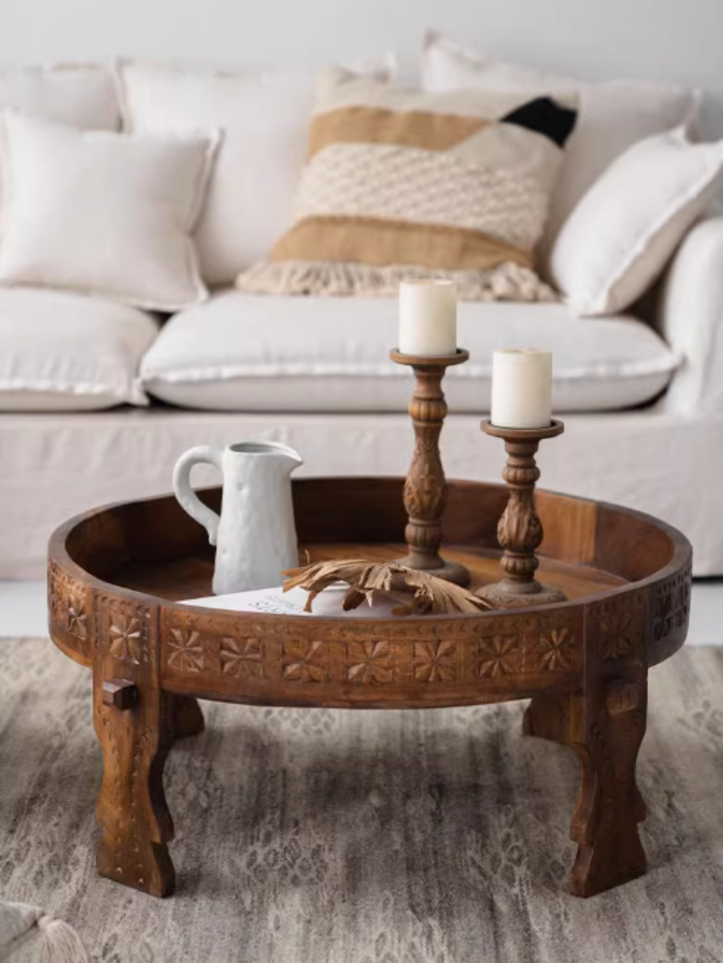 Vintage Handcrafted Round Moroccan Carved Wood Coffee Table