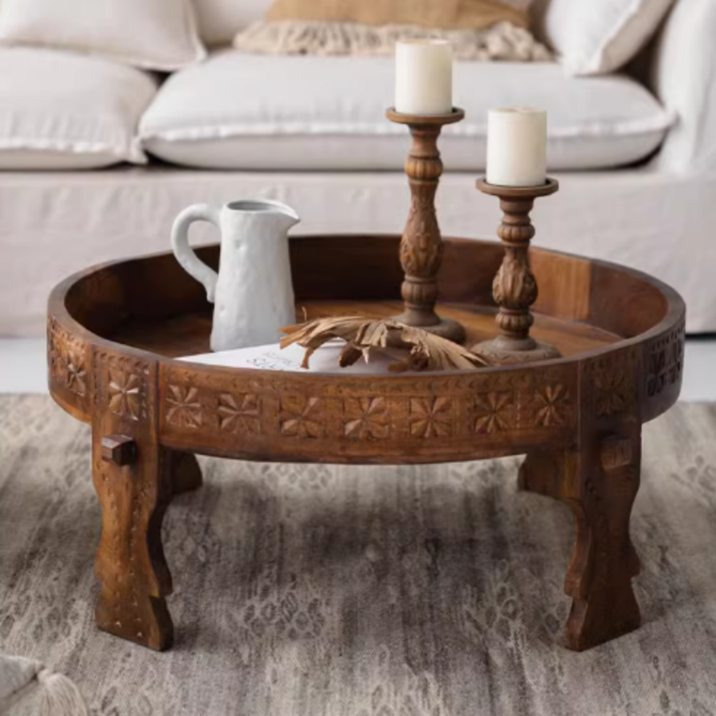 Vintage Handcrafted Round Moroccan Carved Wood Coffee Table