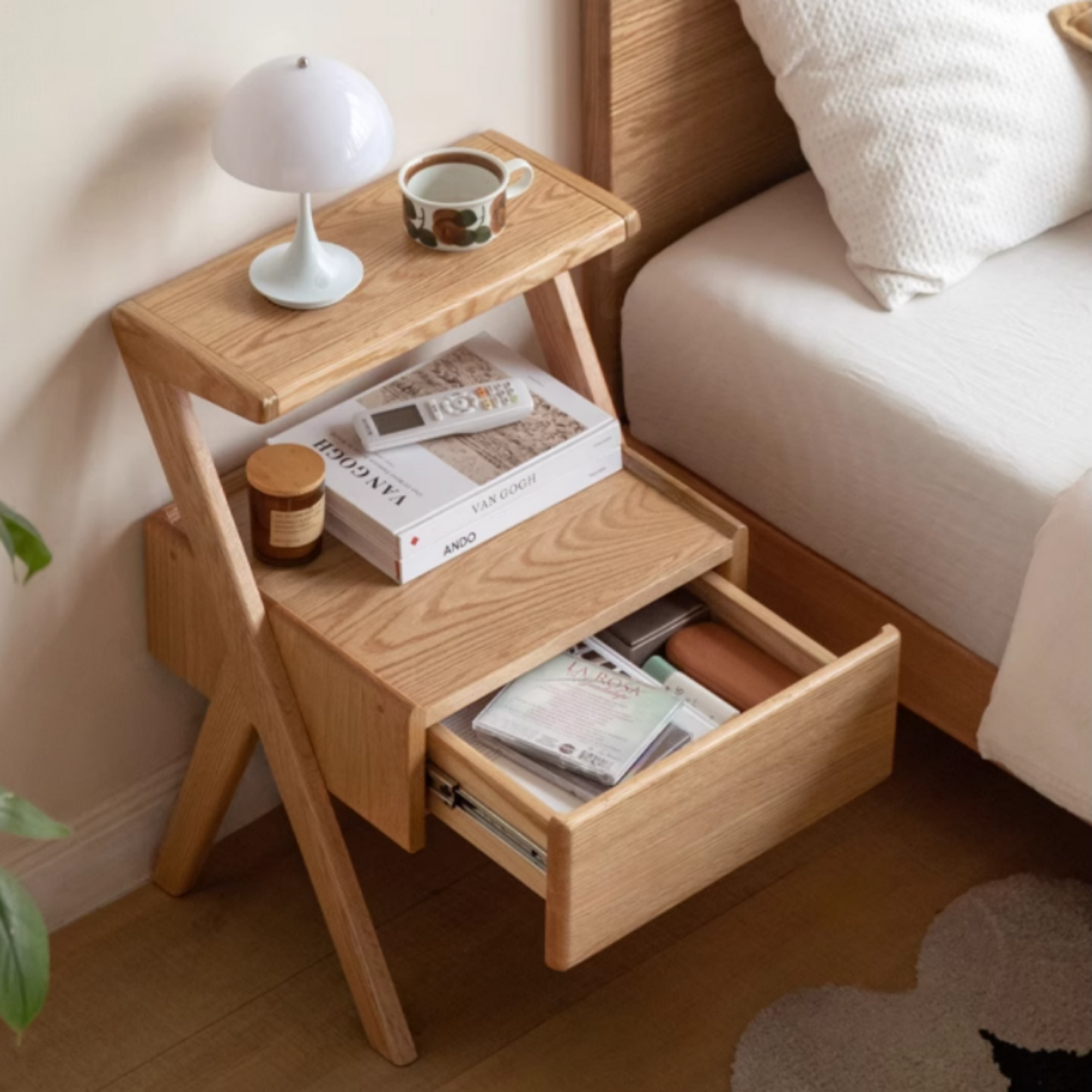 Oak Solid Wood Bedside Organizer with Integrated Lighting