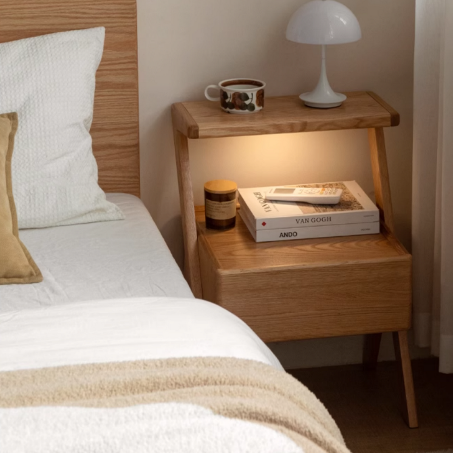 Oak Solid Wood Bedside Organizer with Integrated Lighting