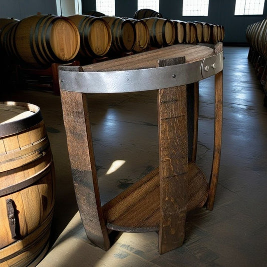 Whiskey Barrel-Inspired Half-Moon Table Made from Reclaimed Wood