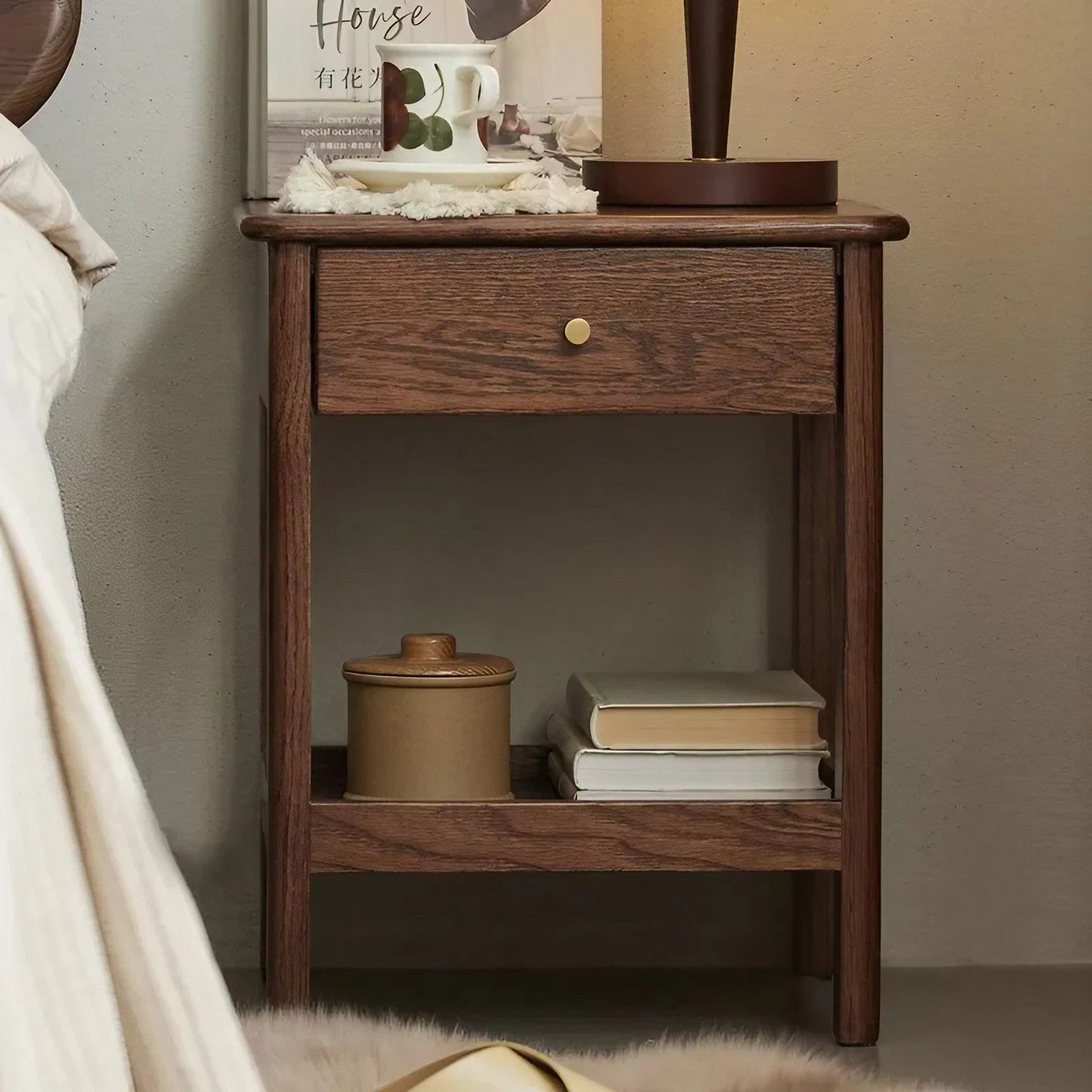 Oak Solid Wood Nightstand Semi-Open Storage Cabinet