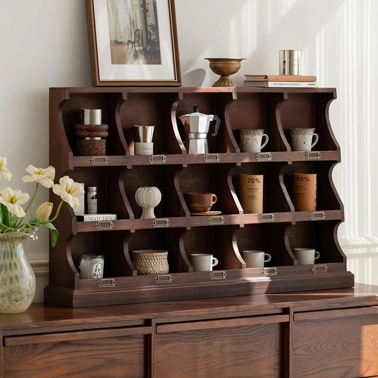 Wooden Coffee Mug Rack Organizer Water Cup Storage Cabinet, 3 Tier Kitchen Cabinets , Holds 9/15 Mugs