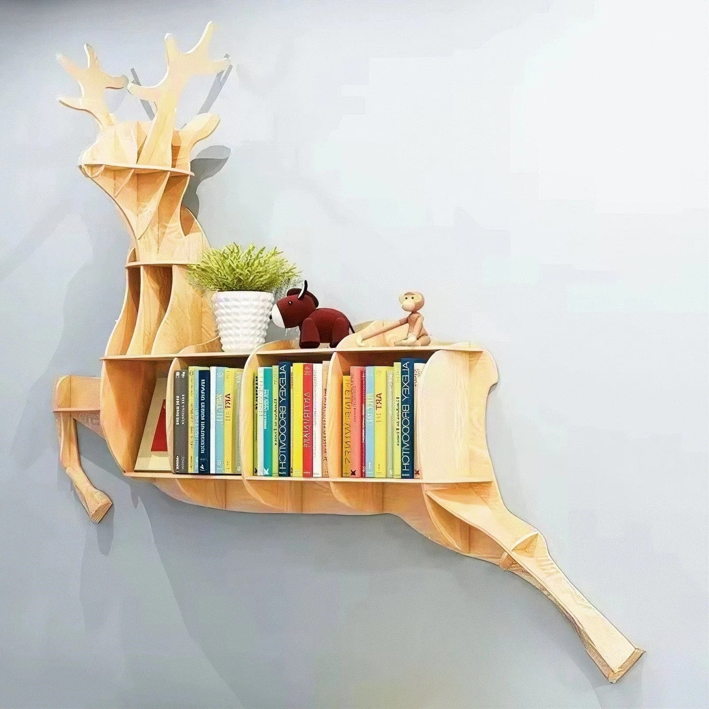 Wooden Elk Wall Animal Shape Bookshelf Storage Rack