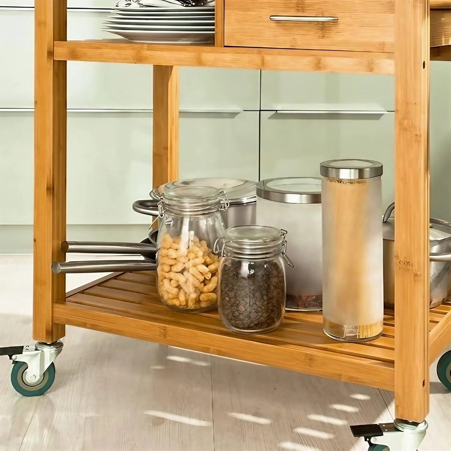 Solid Wood Mobile Kitchen Butcher Block Double Trolley Table Island With Drawers