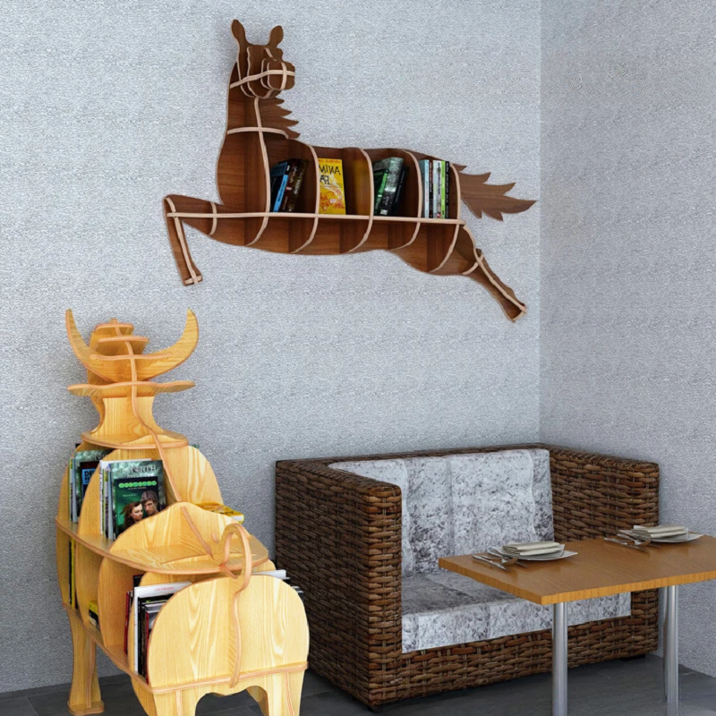 Wooden Horse Wall Animal Shape Bookshelf Storage Rack