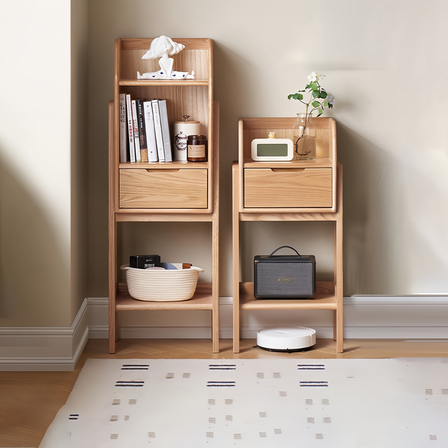 Versatile Wood Storage Rack Modern Wooden Bedside Table With Drawers