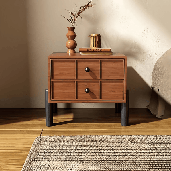 Walnut Two-Drawer Nightstand Wooden Bedside Cabinet Bedroom Wood Night Table