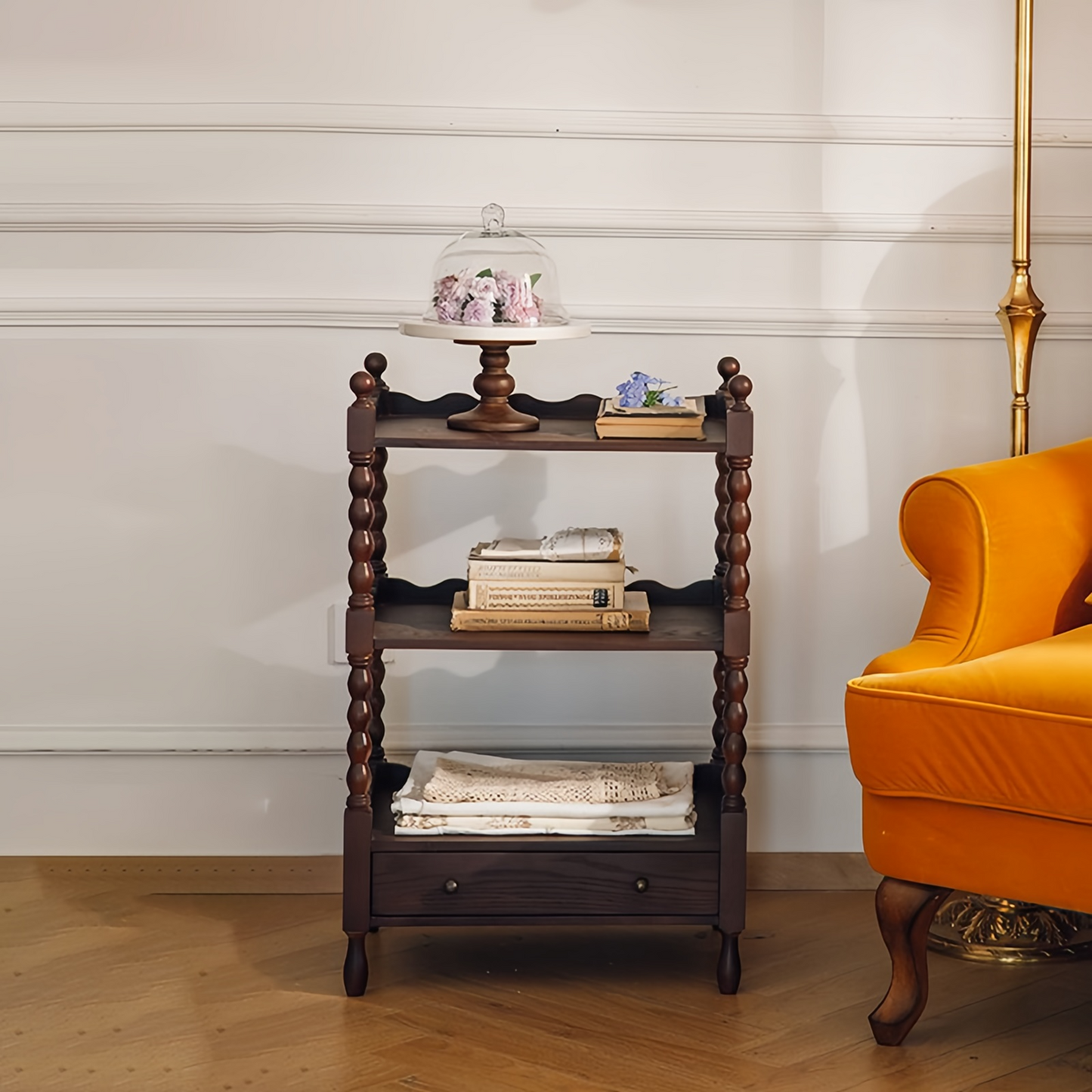 Antique Wooden Corner Shelf Solid Wooden End Table 3-Tier Side Table