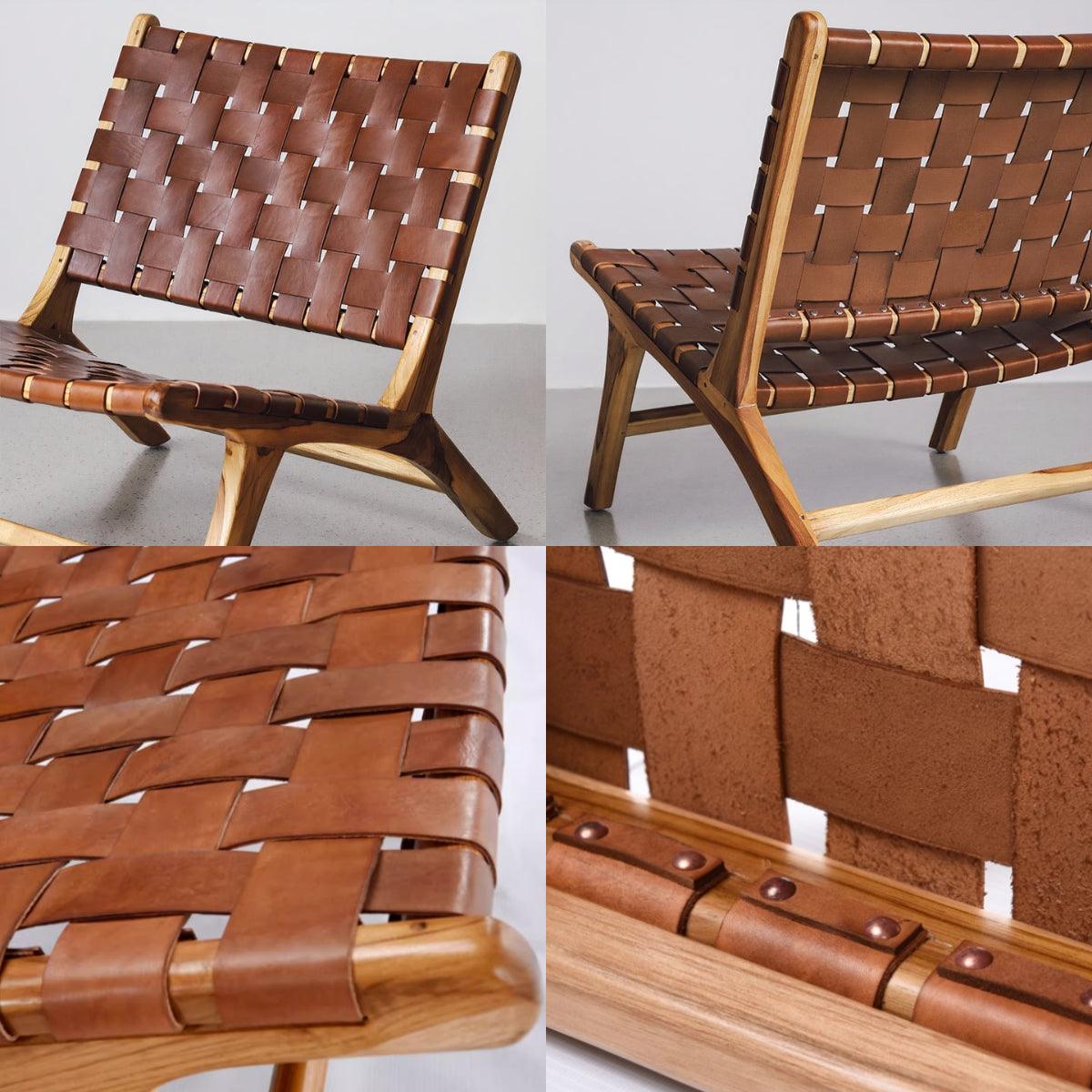 Solid Wood Backrest Waxed Cowhide Woven Recliner