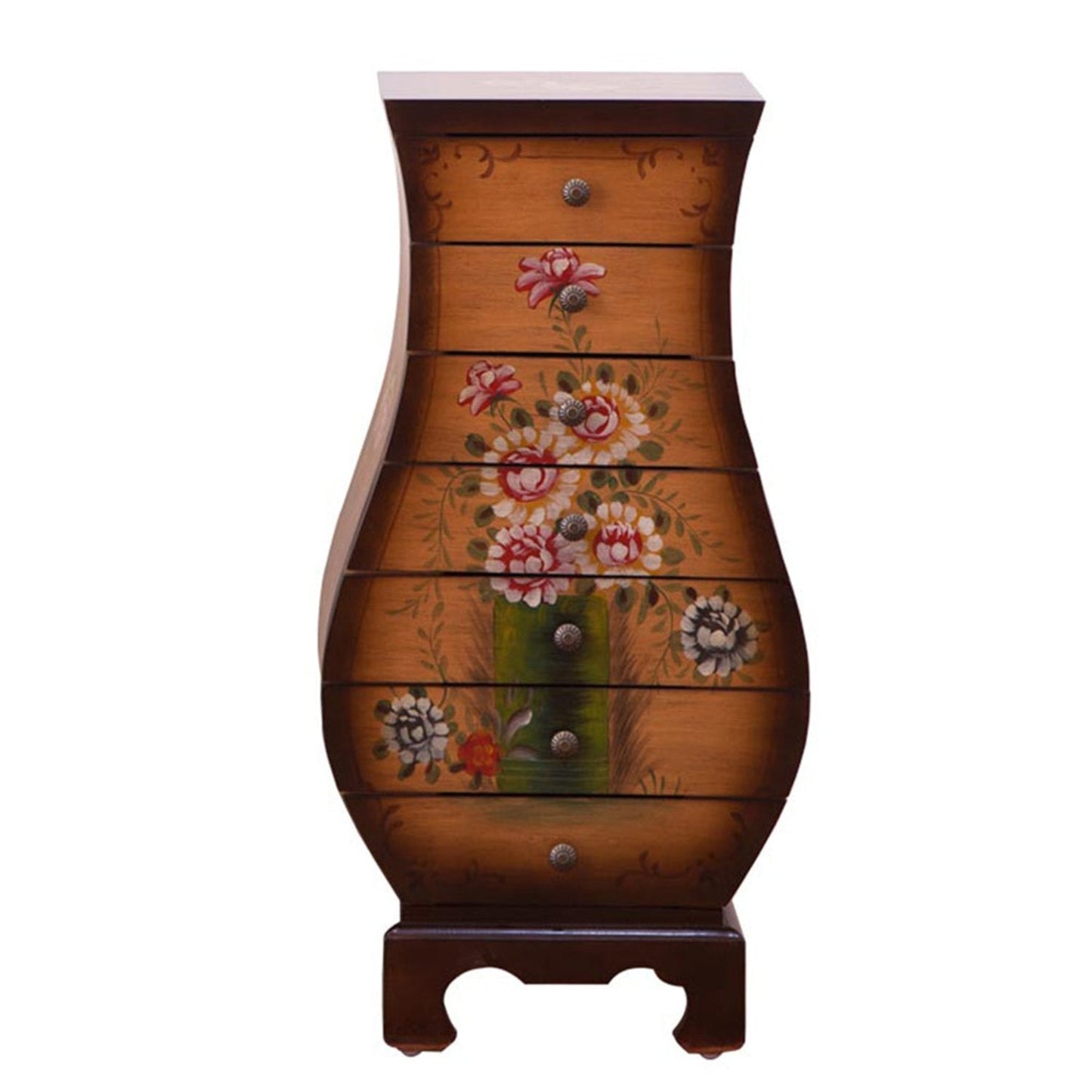 Rustic Hand-Painted Rectangle Storage Cabinet with 7 Drawers,Vase-Shaped Floral Surface Accent Chest