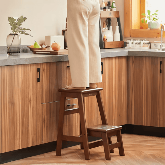 2 Tier Folding Step Ladder Multifunction Wood Step Stool Display Ladde ...