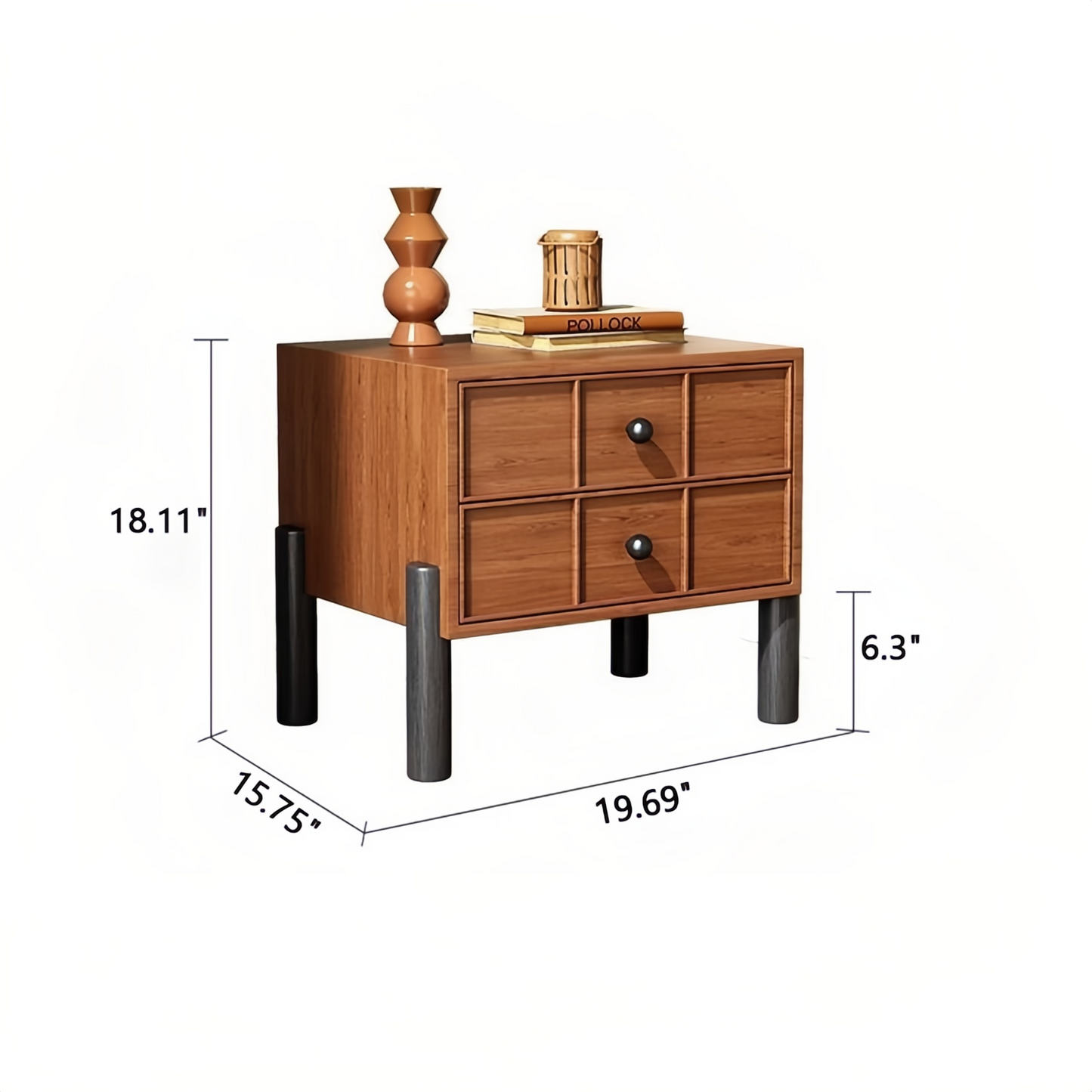 Walnut Two-Drawer Nightstand Wooden Bedside Cabinet Bedroom Wood Night Table