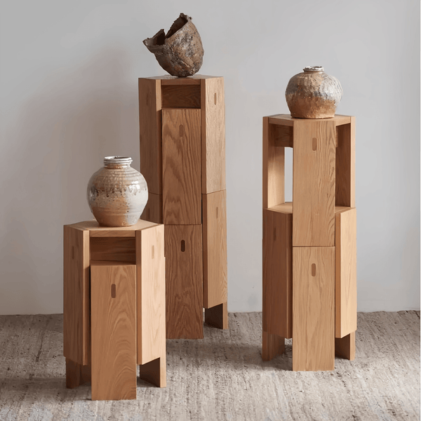 H17" Stackable Geometric Stool Dining Stool /Chair, Oak Short Stools Wooden Side Table Geometric Stool