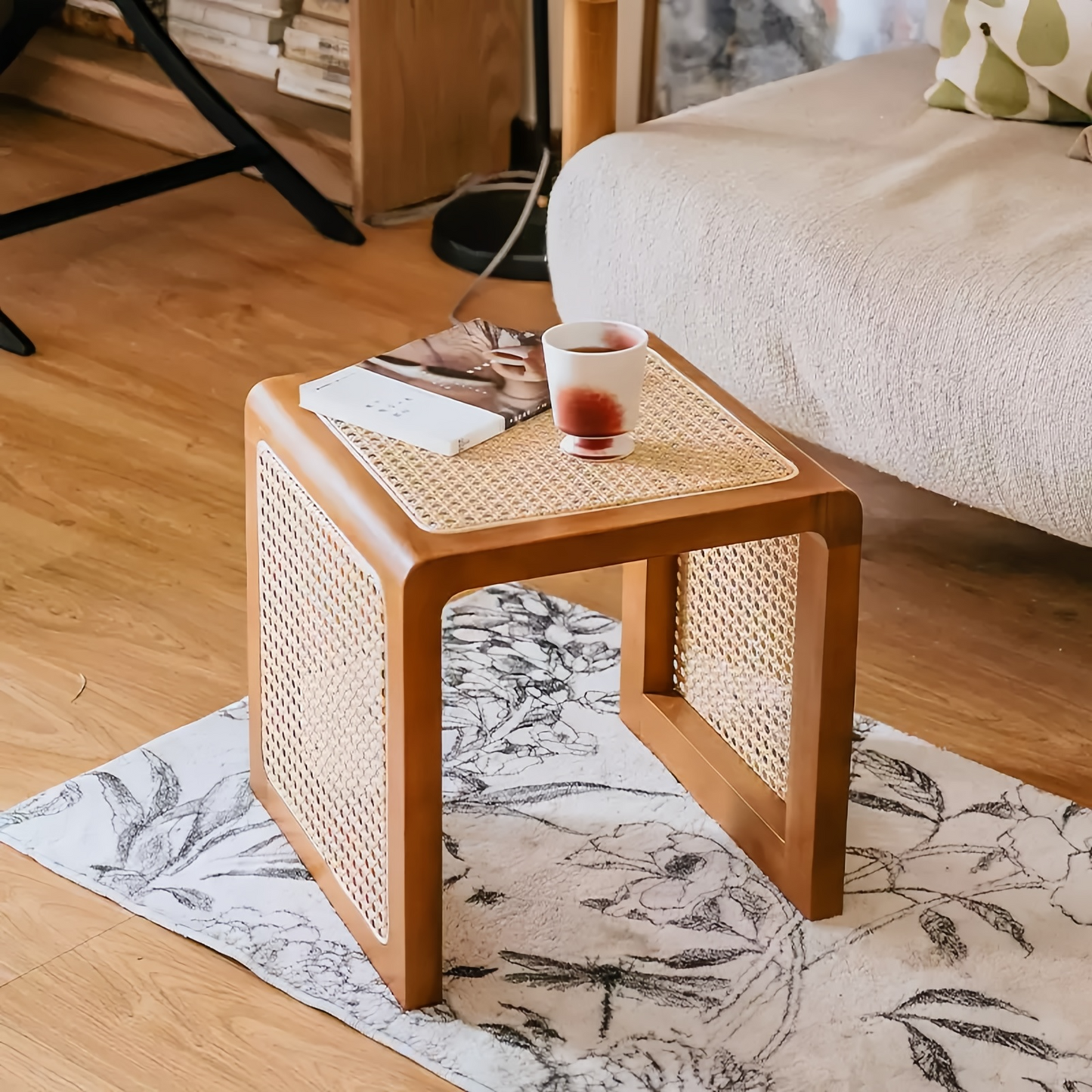 Square Wooden Bed Side Table Woven Nightstand Vintage Wooden Stool