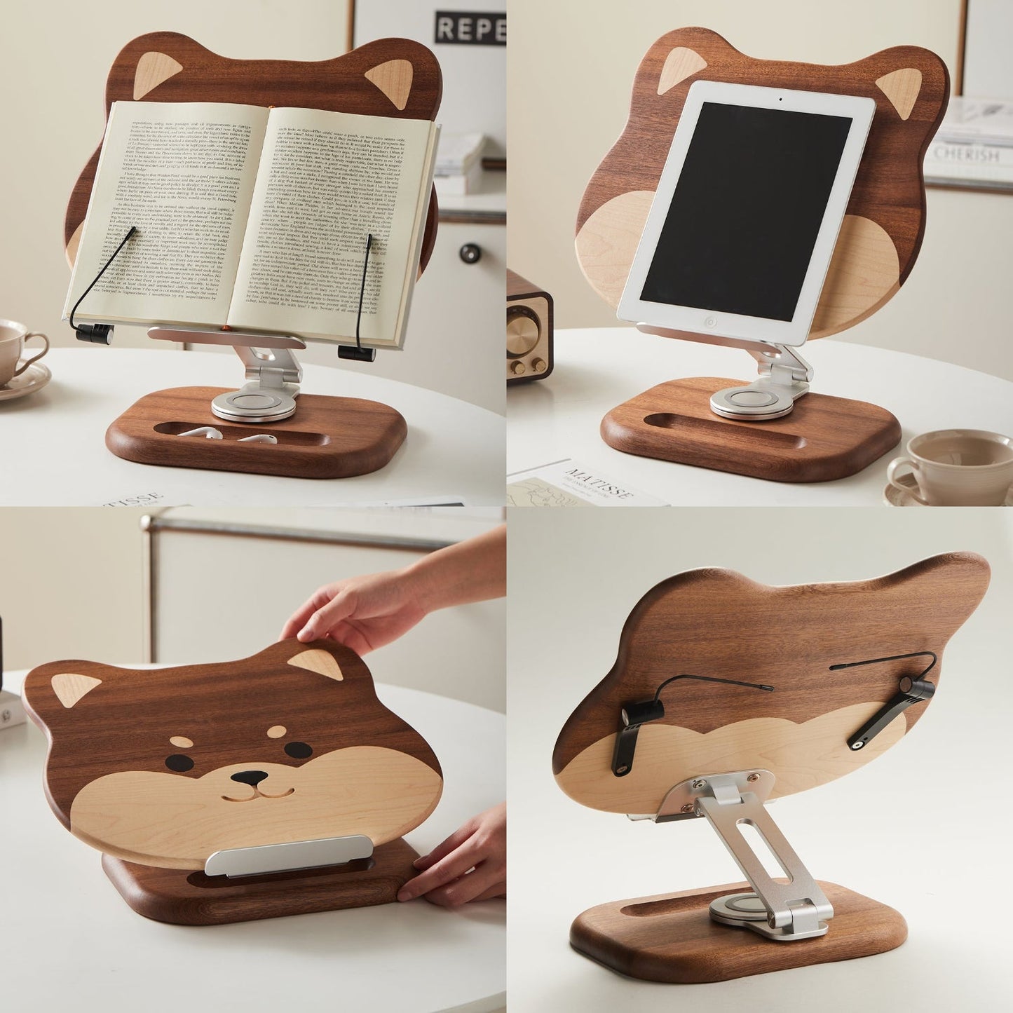 Solid Wood Animal 360° Rotating Adjustable Foldable Lifting Desktop Book Holder Laptop Bracket