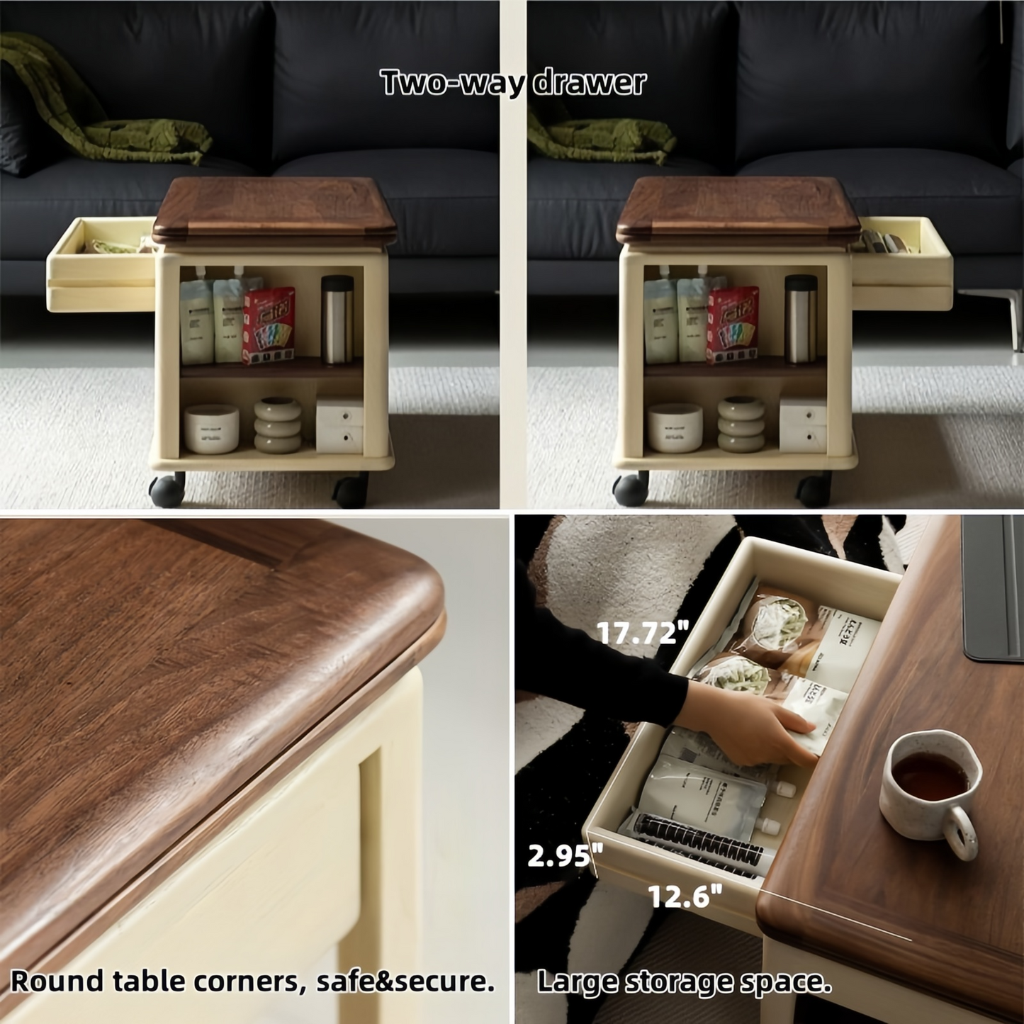 Walnut Wood Coffee Table With Storage Modern End Tables For Living Room/Kitchen