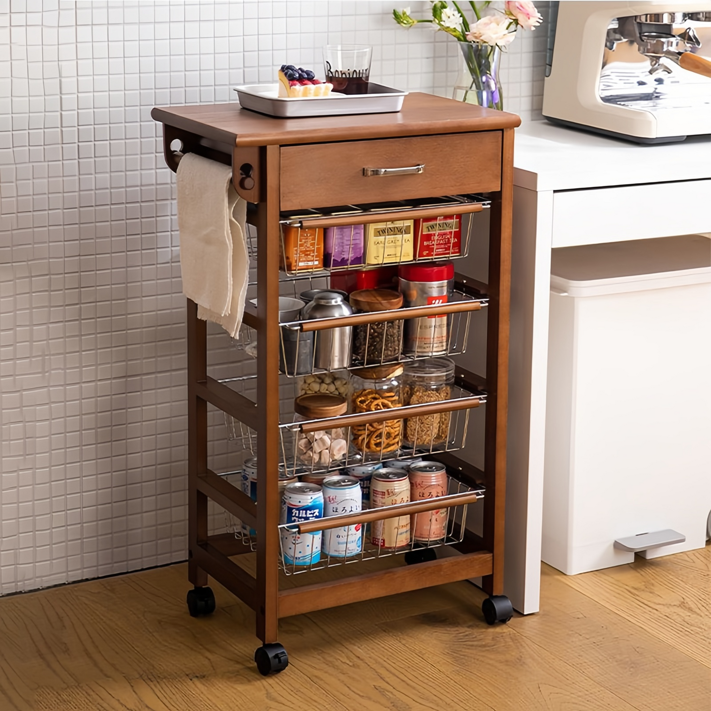 5 Tier Storage Kitchen Cart On Wheels Snack Rack Living Room Exterior Bar Cart