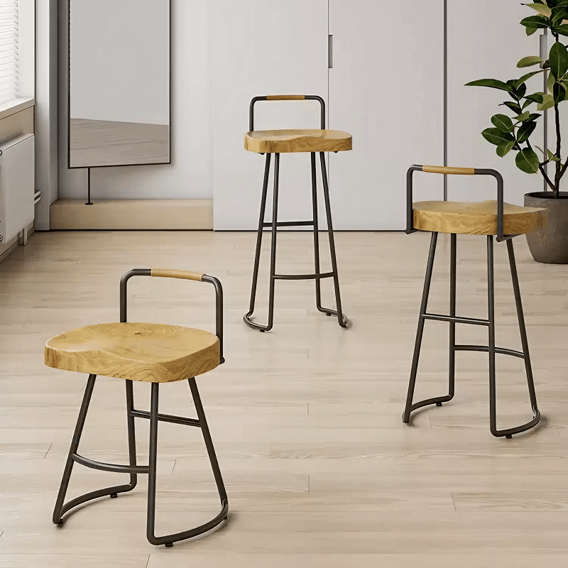 Set of 2 Solid Wood Wrought Iron Curved Bar Stool With Backrest