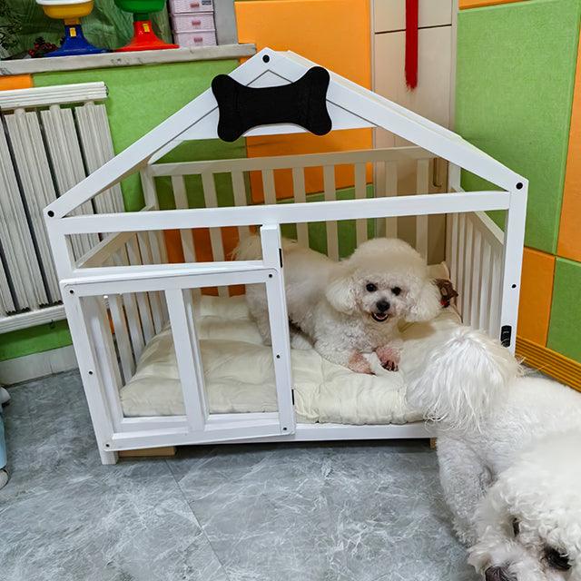 Solid Wood Doghouse with Overhanging Roof, Base and Cushion