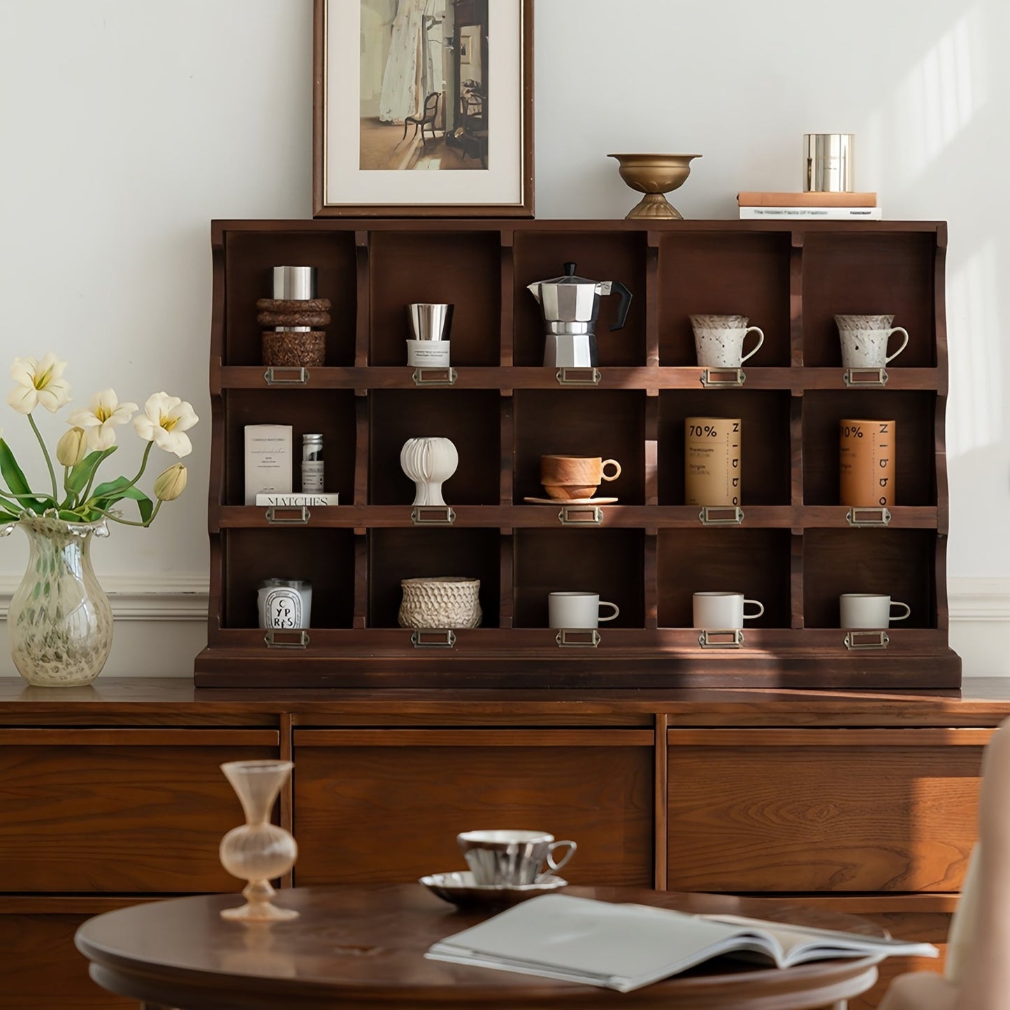 Wooden Coffee Mug Rack Organizer Water Cup Storage Cabinet, 3 Tier Kitchen Cabinets , Holds 9/15 Mugs