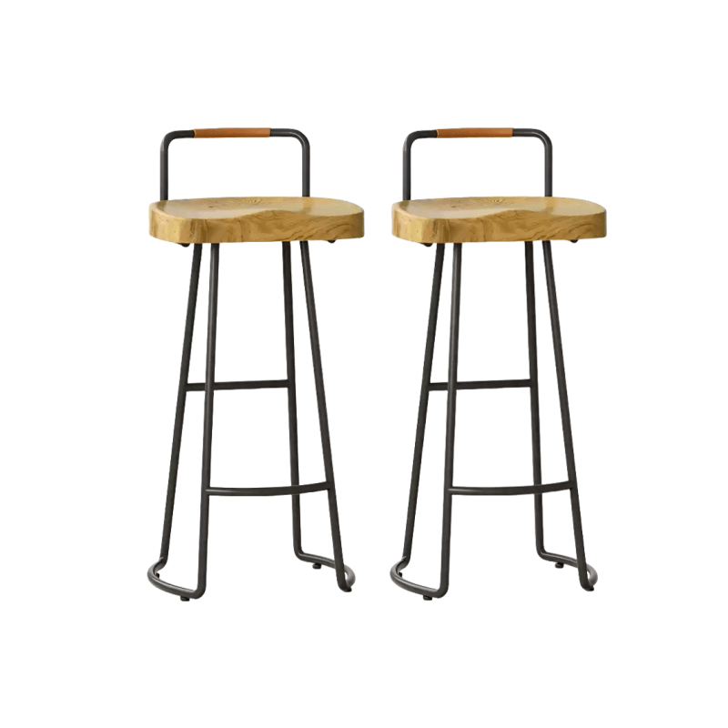 Set of 2 Solid Wood Wrought Iron Curved Bar Stool With Backrest