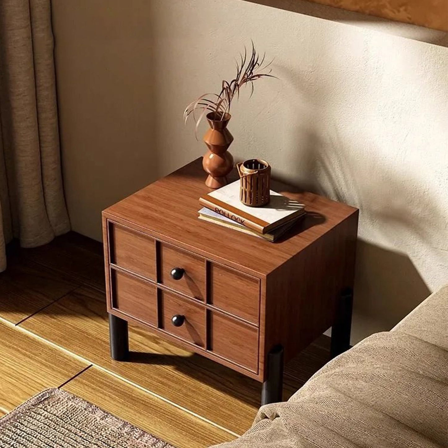 Walnut Two-Drawer Nightstand Wooden Bedside Cabinet Bedroom Wood Night Table