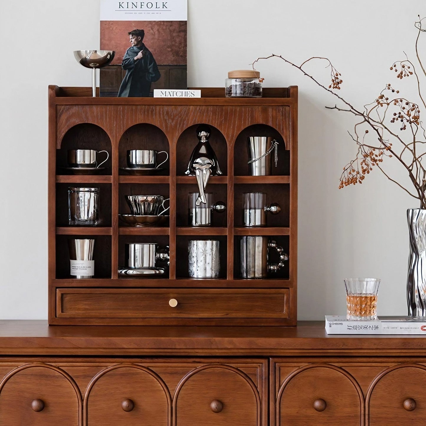 Wooden Coffee Mug Rack with Drawers Organizer Water Cup Storage Cabinet, 3 Tier Kitchen Cabinets , Holds 12 Mugs