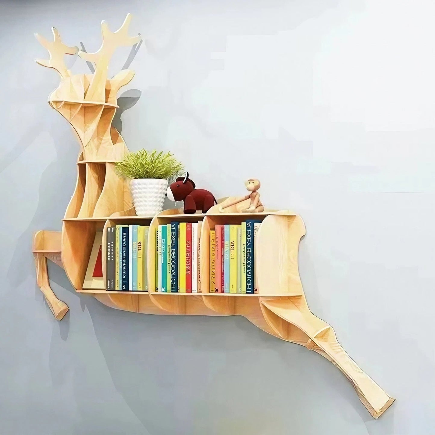 Wooden Bookshelves Elk Wall Animal Shape Bookshelf Kids Bookcases Storage Rack