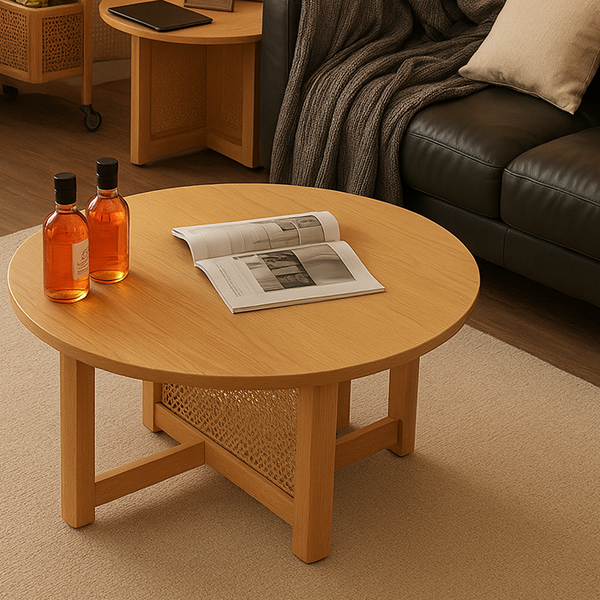 Handcrafted Round Coffee Table – Solid Wood & Rattan Accent, 2 Sizes, 4 Colors