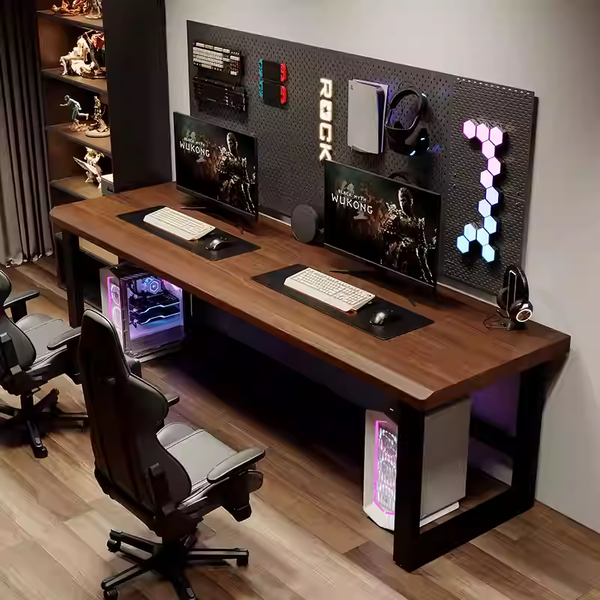 Solid Wood Double Computer Desk, Large Panel Gaming Desk, Desktop Bedroom Home Office Desk For Two, Multifunctional Study Desk