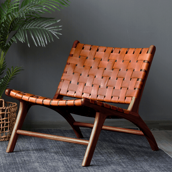 Handmade Leather Woven Lounge Chair - Mid Century Modern Oak Frame Lounge Chair, Hand-woven full-grain vegetable-tanned leather recliner