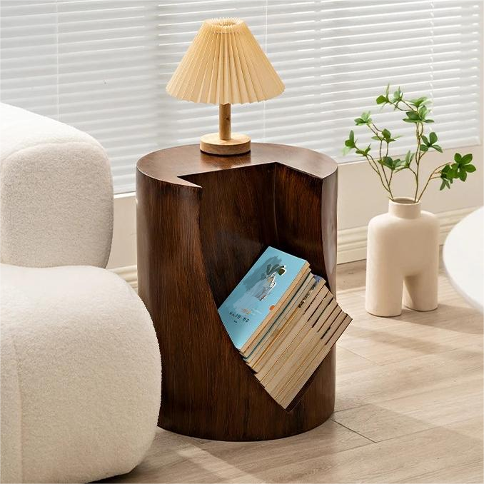 Tree Stump Side Table with Open Storage,Round Book Edge Cabinet,Creative Wooden Pile Storage