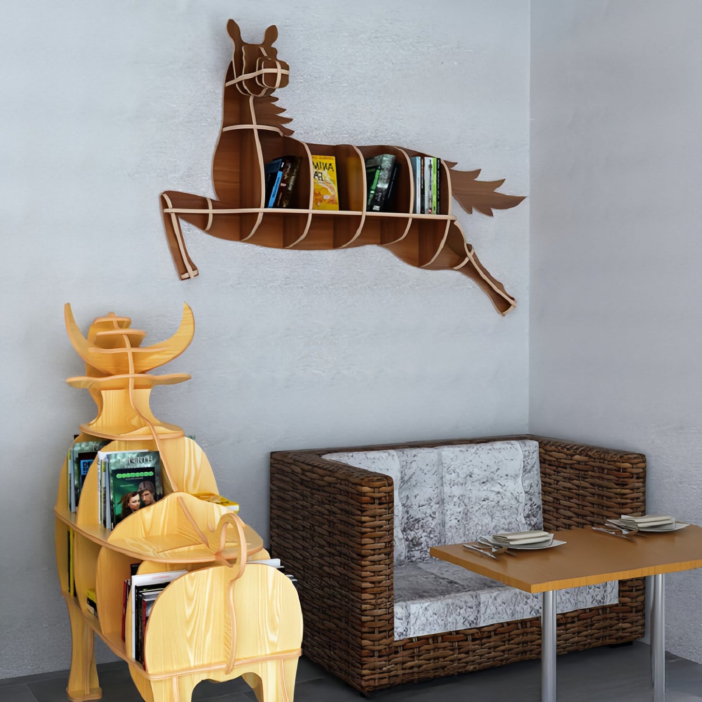 Wooden Bookshelves Horse Wall Animal Shape Bookshelf Kids Bookcases Storage Rack