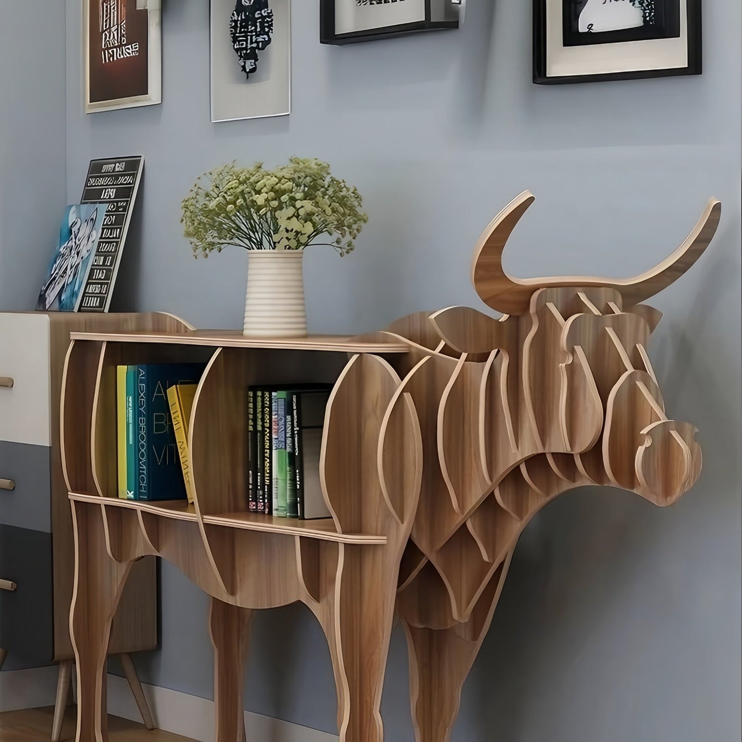 Wooden Bookshelves Bull Animal Shape Bookshelf Kids Bookcases Storage Rack