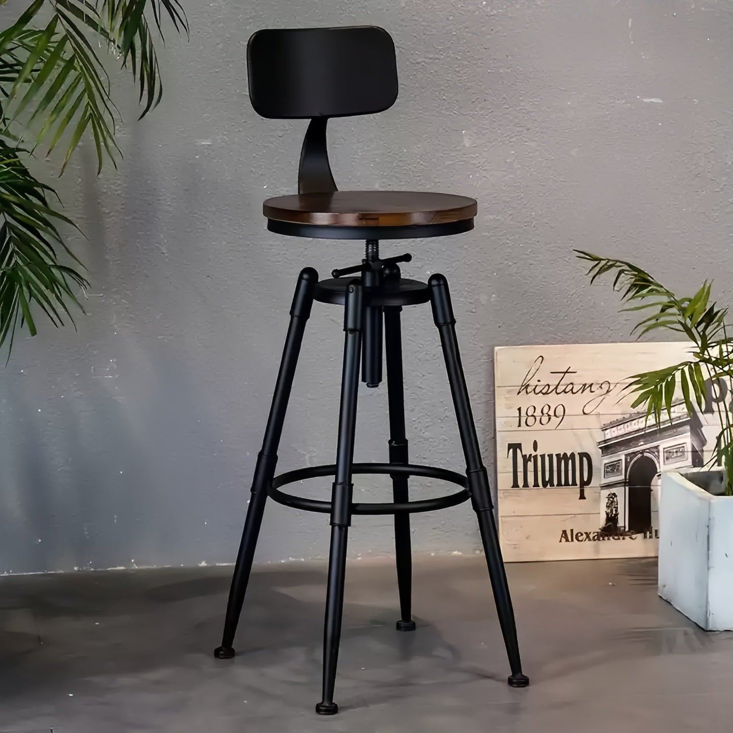 Solid Wood Steel Swivel Lift Bar Stool with Backs Counter Stools