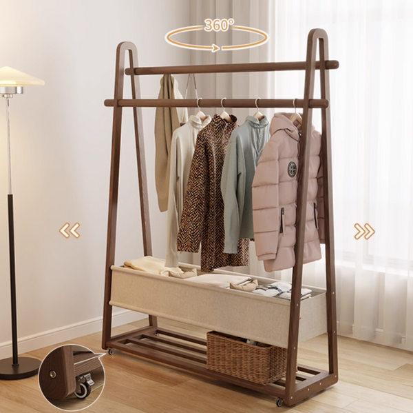 Solid Wood Clothes Rack, Mobile Hanging Rack, Bedroom Clothing Storage Rack, Multi-Tier Clothing & Hat Rack, Storage Rack With Wheels