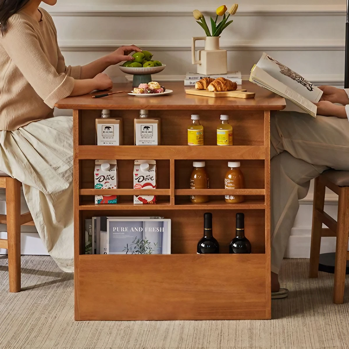 Solid Wood Folding Dining Table With Three-Layer Storage Cabinet - Oak, Walnut