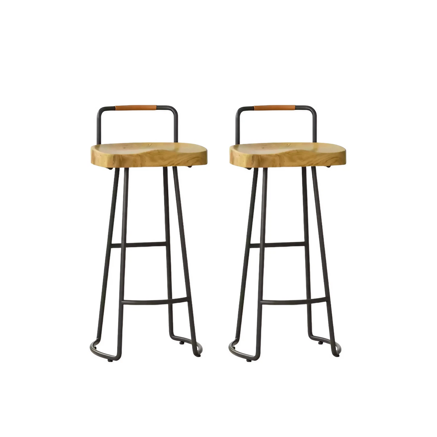 Set of 2 Solid Wood Wrought Iron Body Curved Bar Stool with Backs Counter Stools