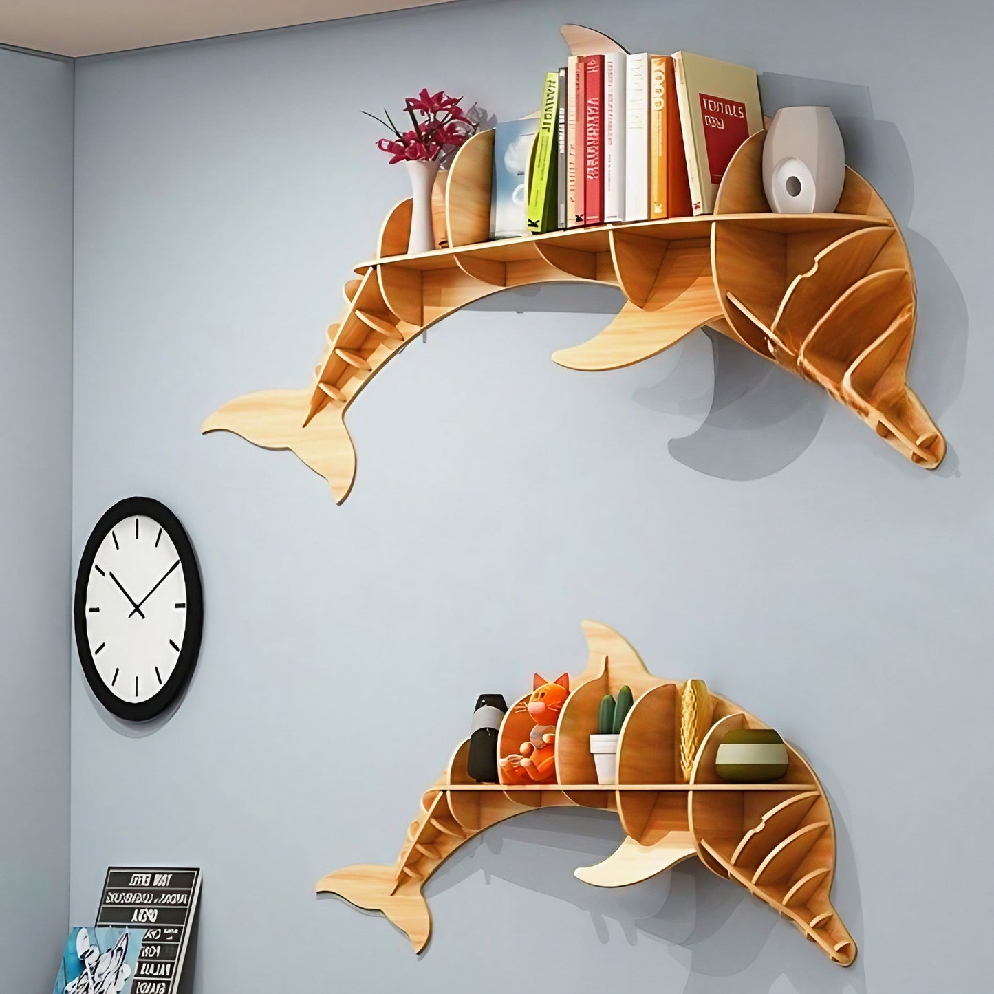 Wooden Dolphin Wall Animal Shape Bookshelf Storage Rack