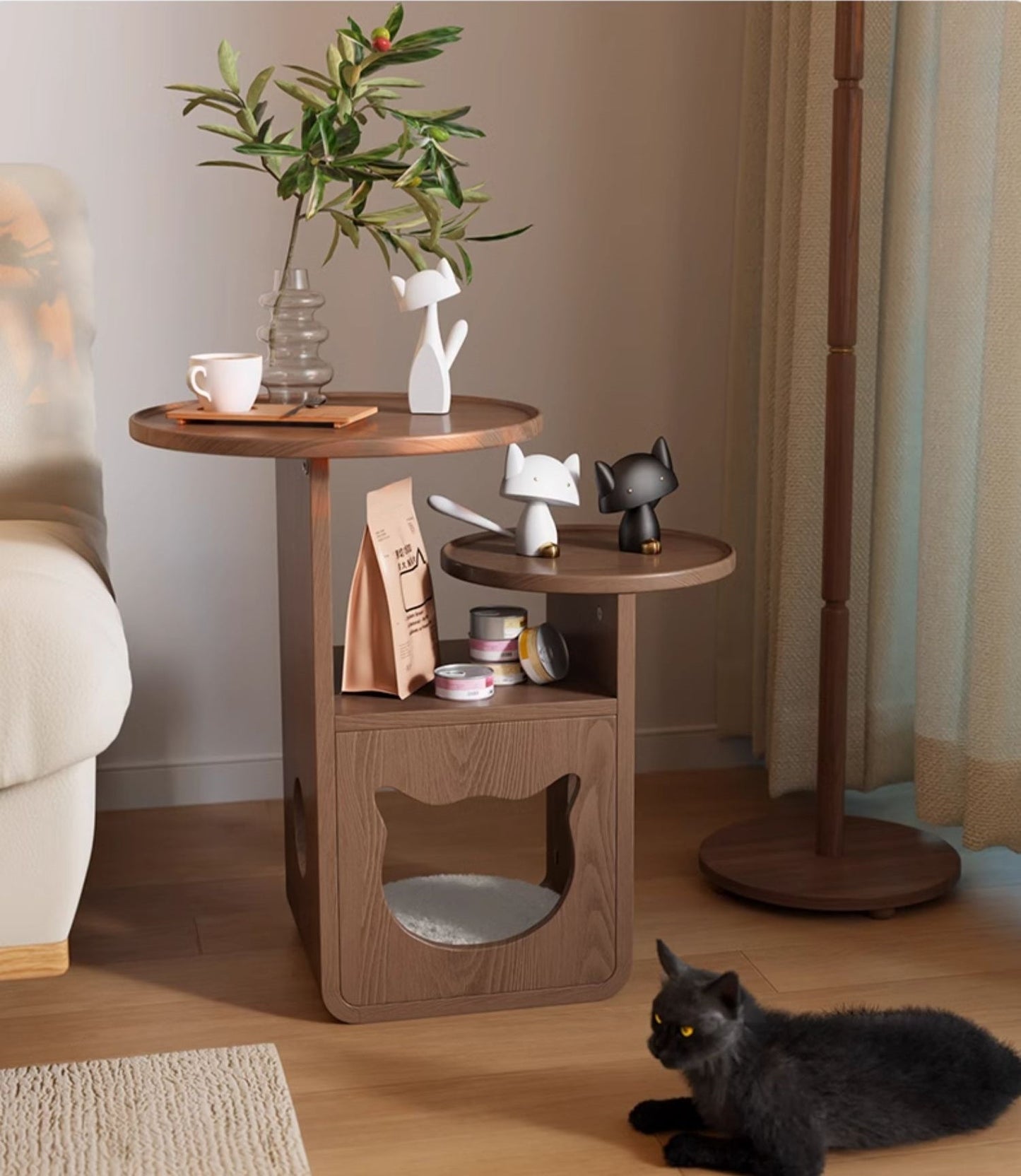 Solid Wood Cat Bed Side Table | Mini Coffee Table & Creative Corner Rack