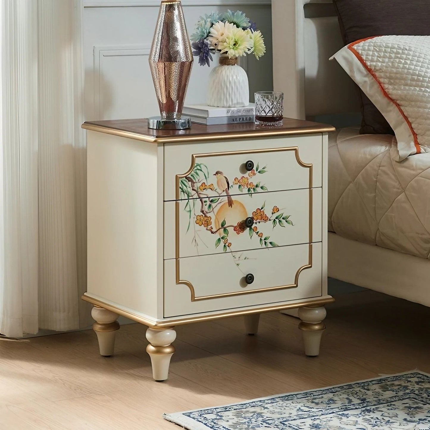 Country Hand-Painted Solid Wood Bedside Table